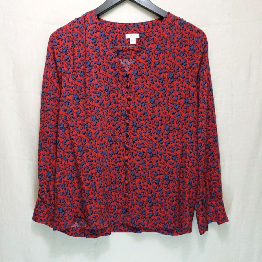 J. Jill Red Blue Floral Blouse Small S Button Front Keyhole Rayon Long Sleeve